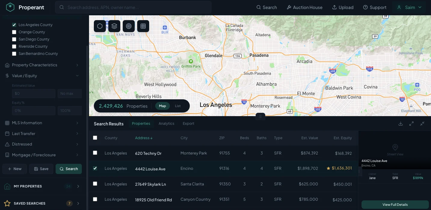 Properant Dashboard - Property search and analysis platform
